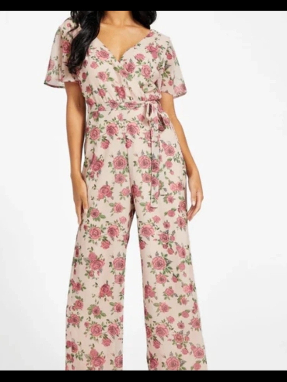 Guess Pink Floral Wrap Wide-Leg Jumpsuit